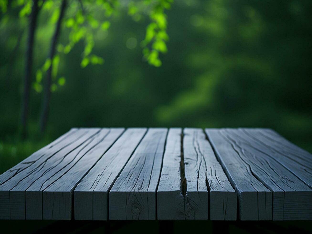 Wooden table and blur tropical green grass background, product display montage. High quality photo 8k FHD AI generated