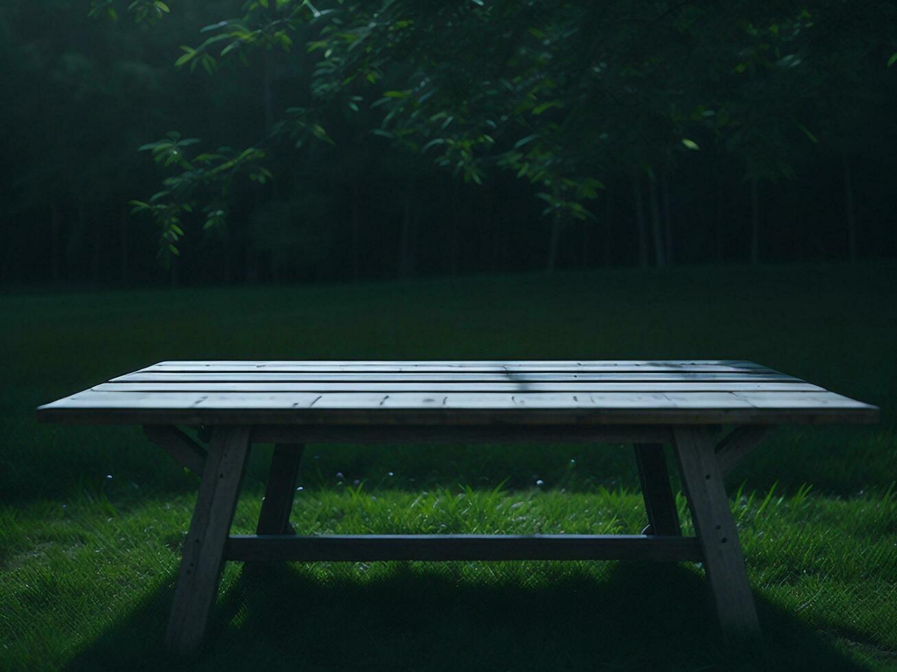 Wooden table and blur tropical green grass background, product display montage. High quality photo 8k FHD AI generated