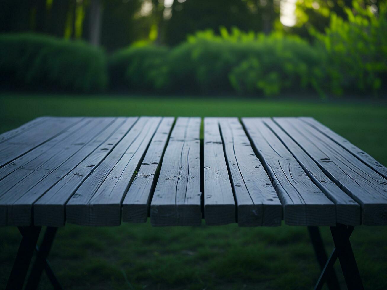 de madera mesa y difuminar tropical verde césped fondo, producto monitor montaje. alto calidad foto 8k fhd ai generado