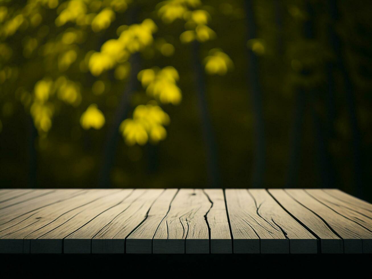 Wooden table and blur tropical green grass background, product display montage. High quality photo 8k FHD AI generated