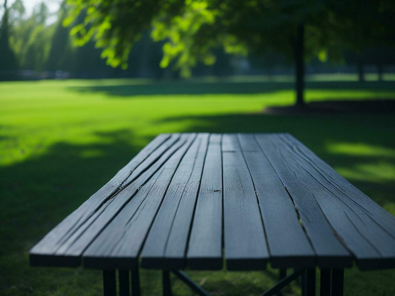 Wooden table and blur tropical green grass background, product display montage. High quality photo 8k FHD AI generated