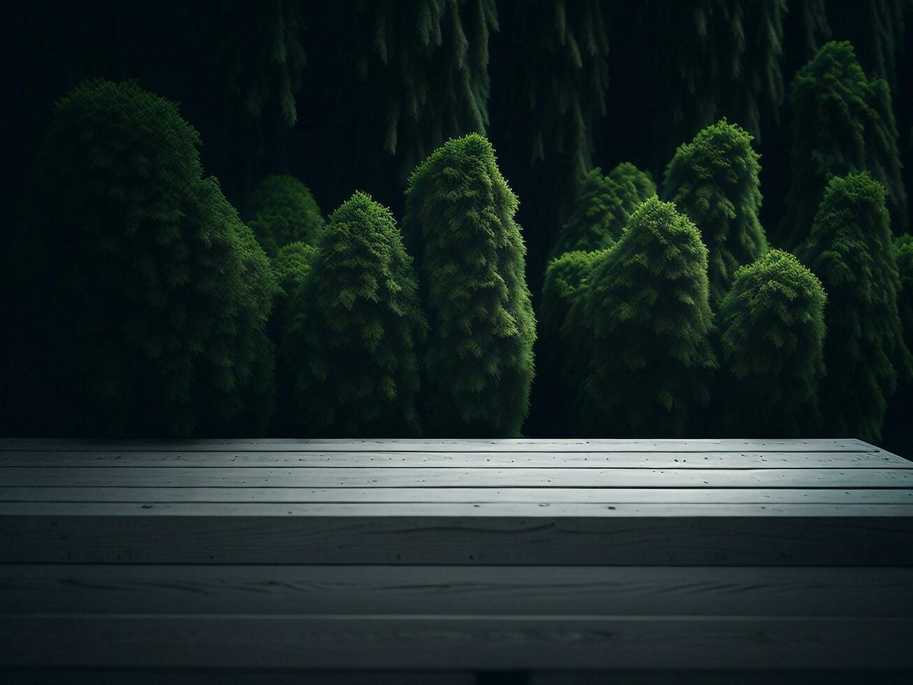 Wooden table and blur tropical green grass background, product display montage. High quality photo 8k FHD AI generated