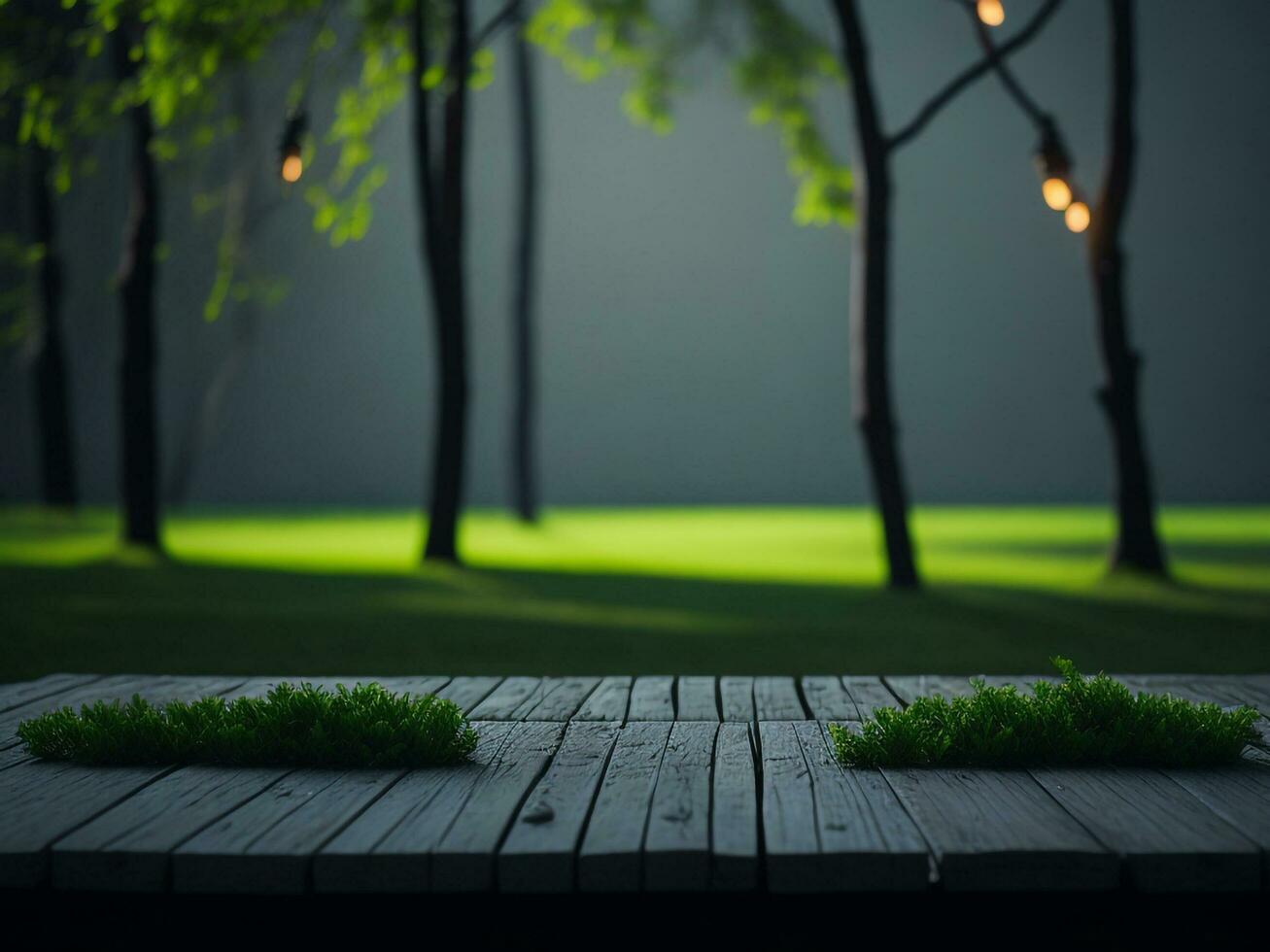 Wooden table and blur tropical green grass background, product display montage. High quality photo 8k FHD AI generated