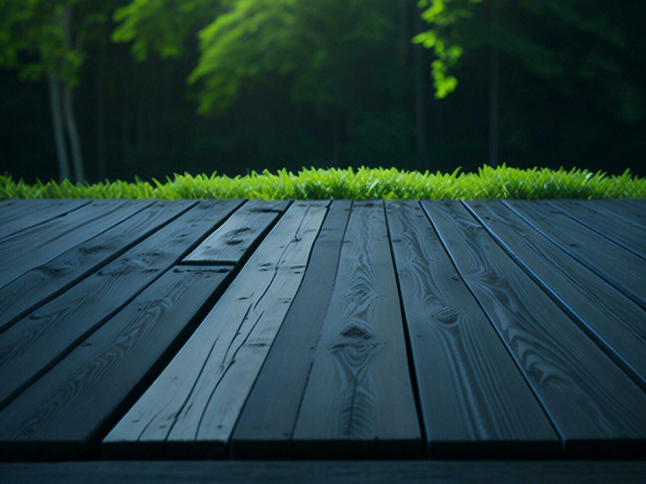 Wooden table and blur tropical green grass background, product display montage. High quality photo 8k FHD AI generated