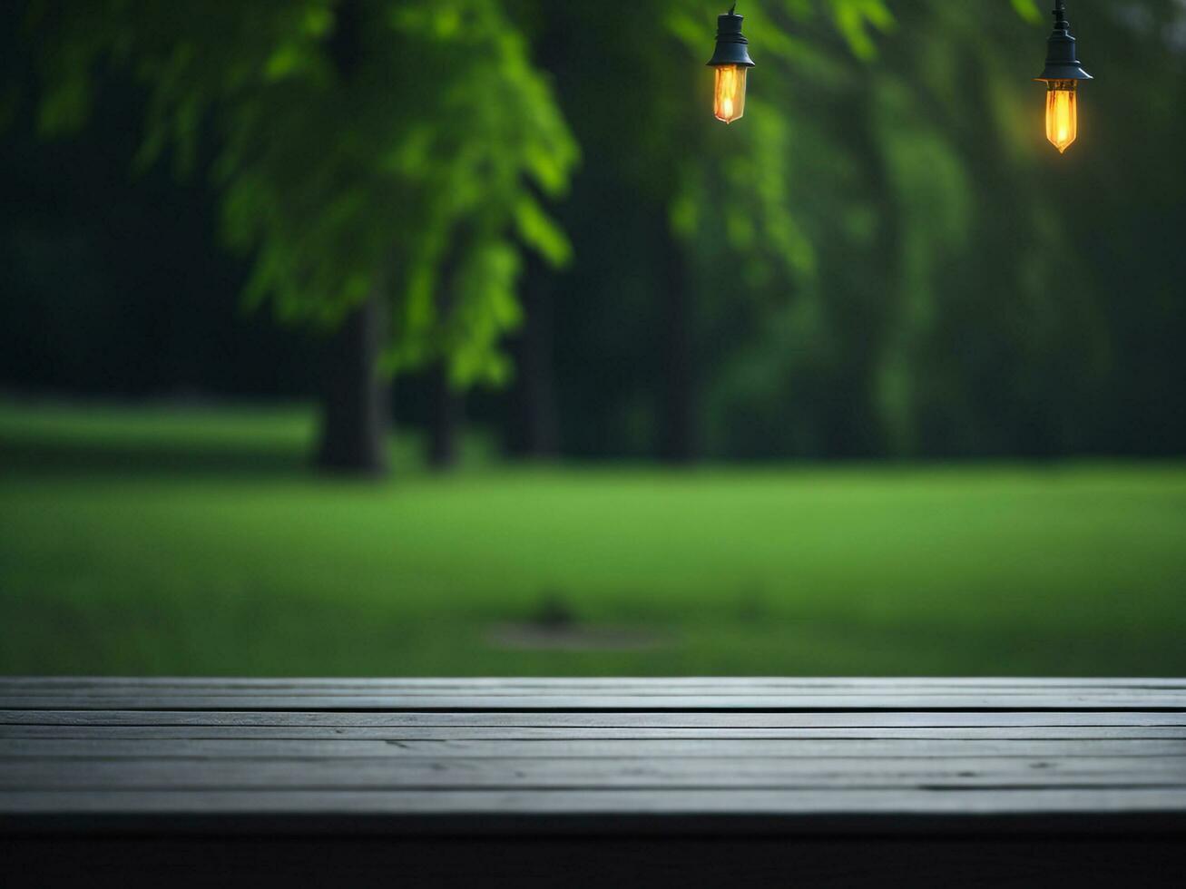 Wooden table and blur tropical green grass background, product display montage. High quality photo 8k FHD AI generated
