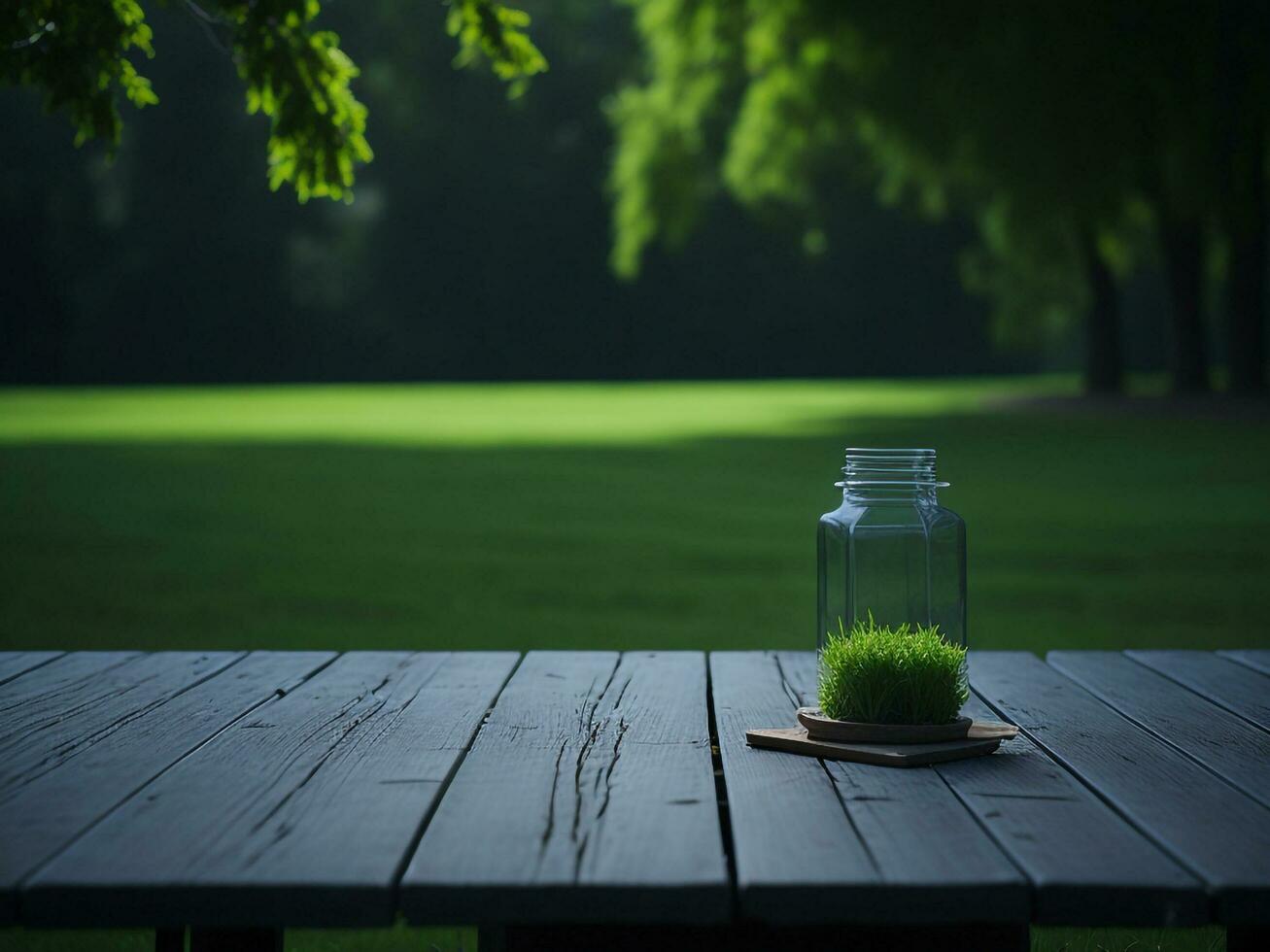 Wooden table and blur tropical green grass background, product display montage. High quality photo 8k FHD AI generated