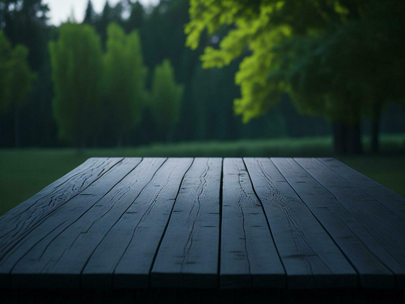 Wooden table and blur tropical green grass background, product display montage. High quality photo 8k FHD AI generated