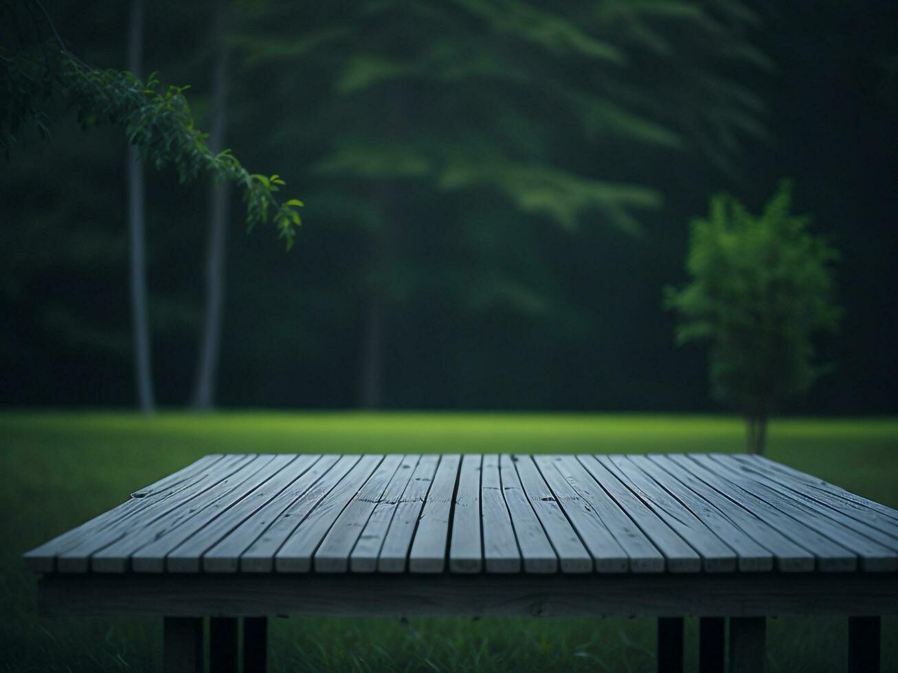 Wooden table and blur tropical green grass background, product display montage. High quality photo 8k FHD AI generated