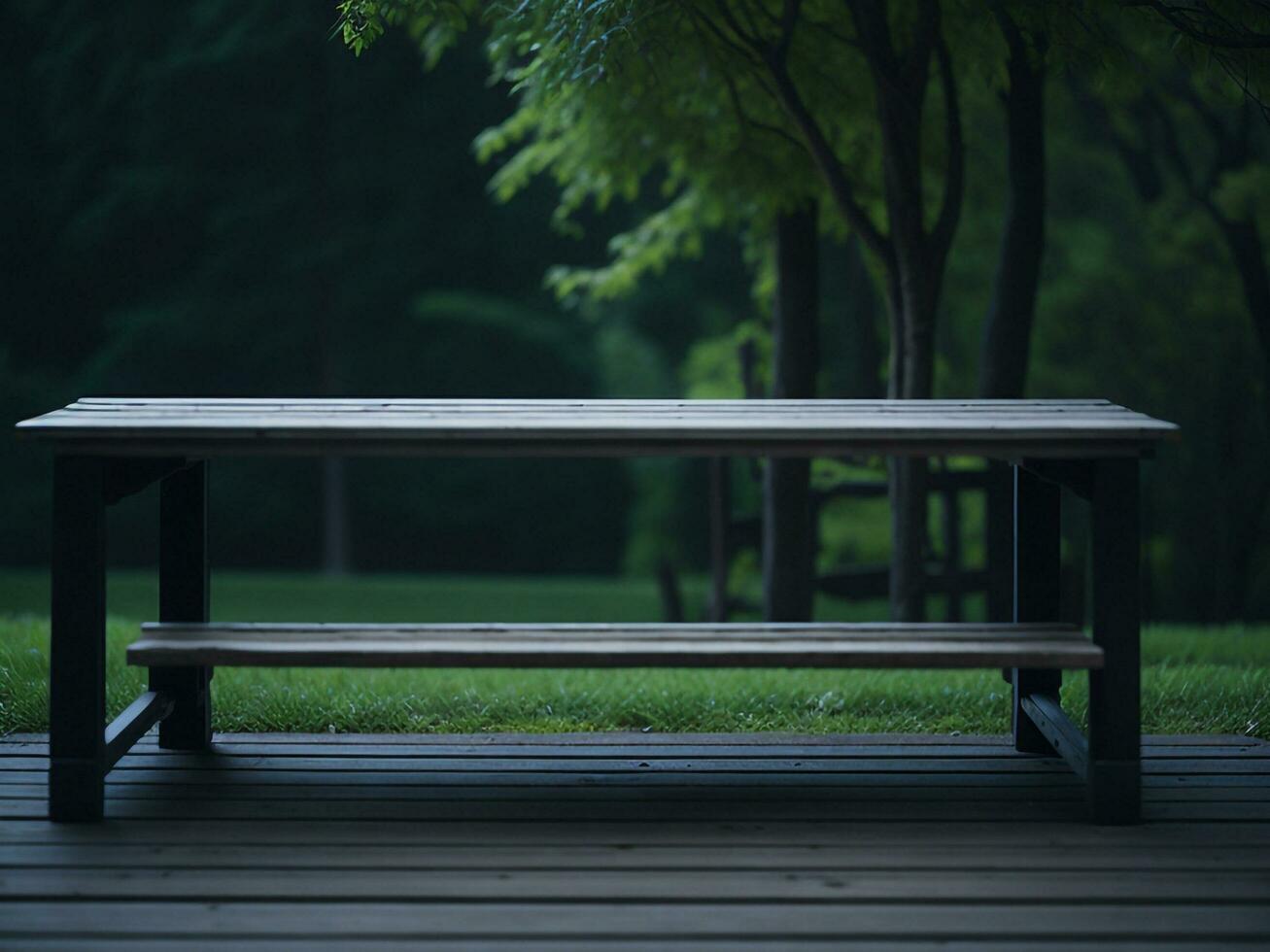 Wooden table and blur tropical green grass background, product display montage. High quality photo 8k FHD AI generated