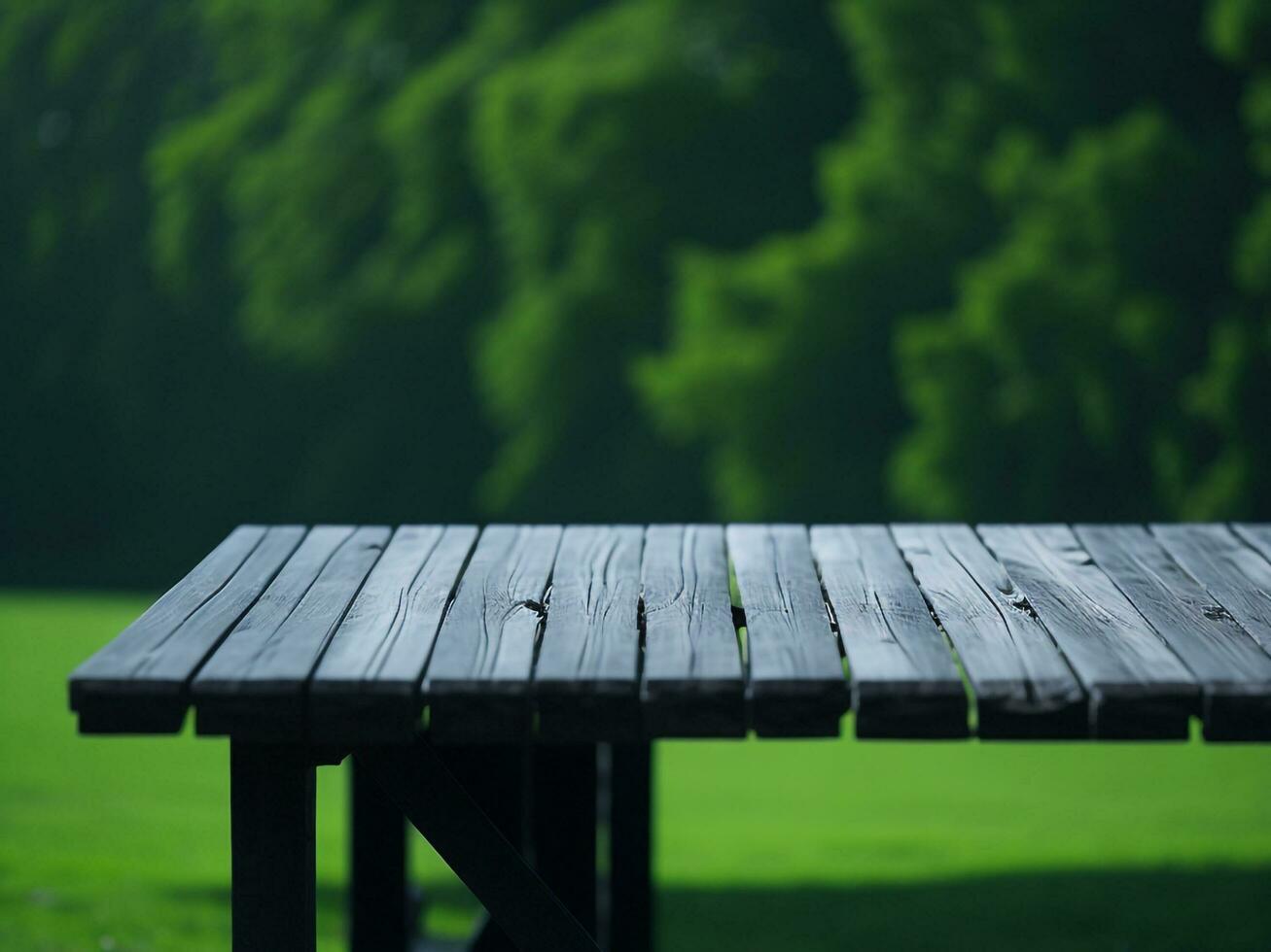 Wooden table and blur tropical green grass background, product display montage. High quality photo 8k FHD AI generated