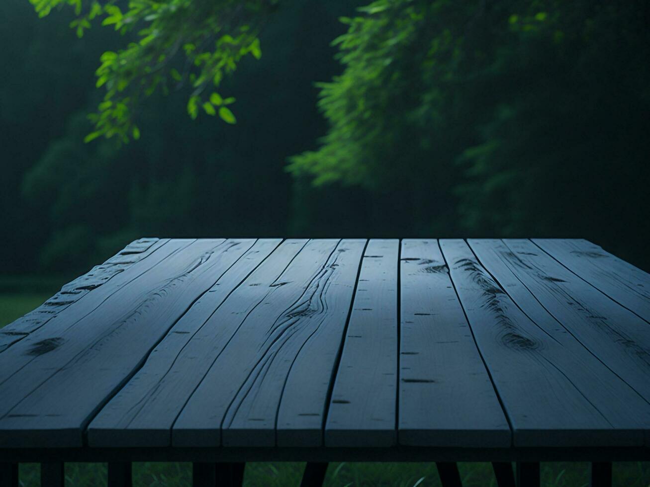 Wooden table and blur tropical green grass background, product display montage. High quality photo 8k FHD AI generated