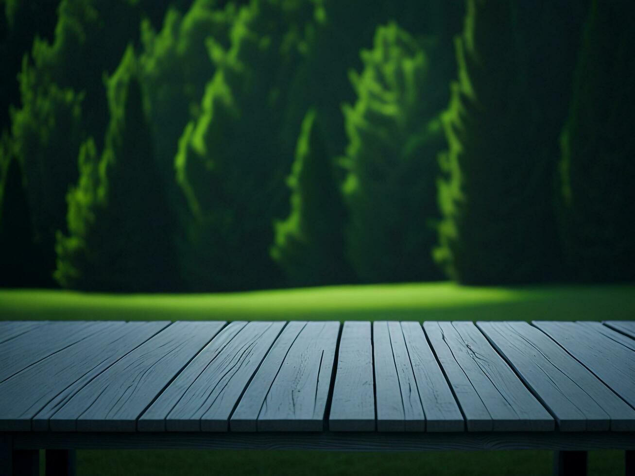 Wooden table and blur tropical green grass background, product display montage. High quality photo 8k FHD AI generated
