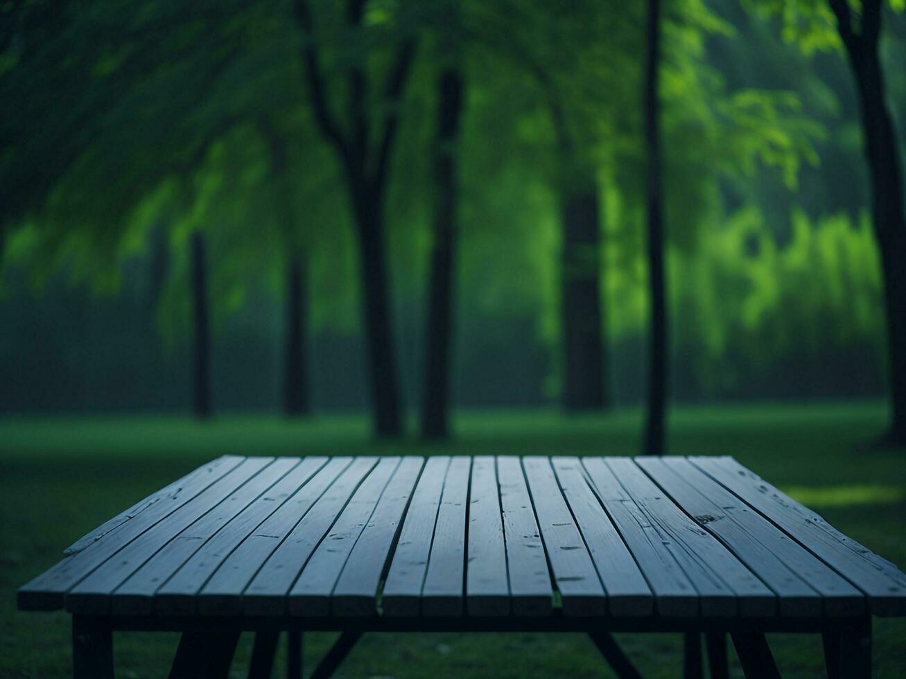 Wooden table and blur tropical green grass background, product display montage. High quality photo 8k FHD AI generated