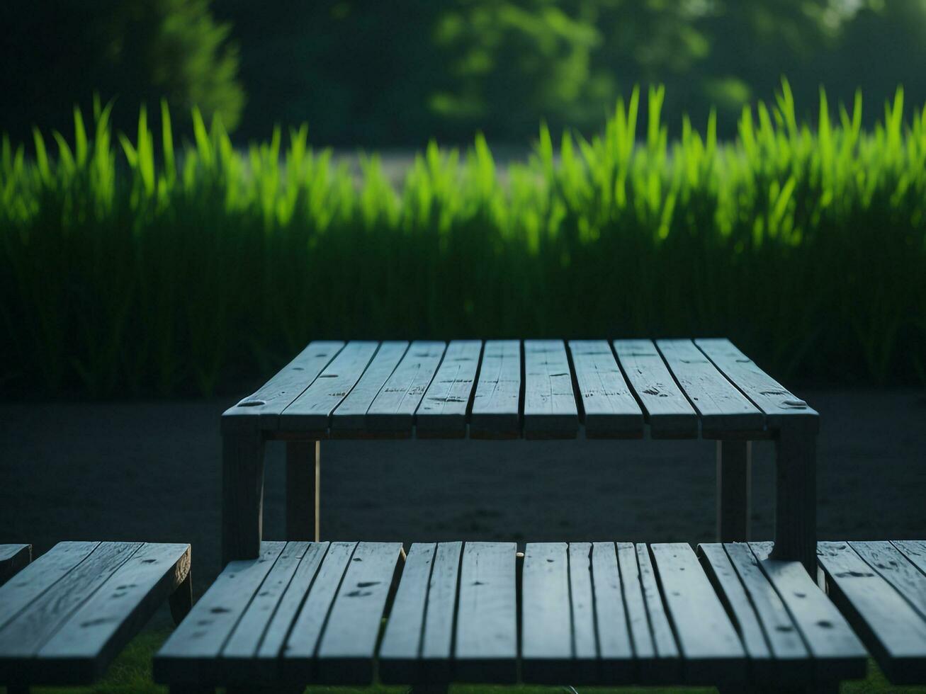 Wooden table and blur tropical green grass background, product display montage. High quality photo 8k FHD AI generated