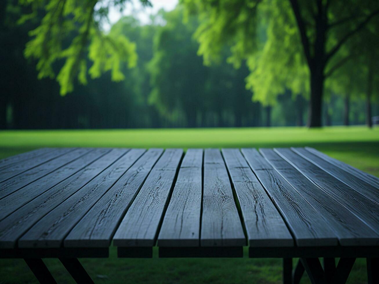 Wooden table and blur tropical green grass background, product display montage. High quality photo 8k FHD AI generated
