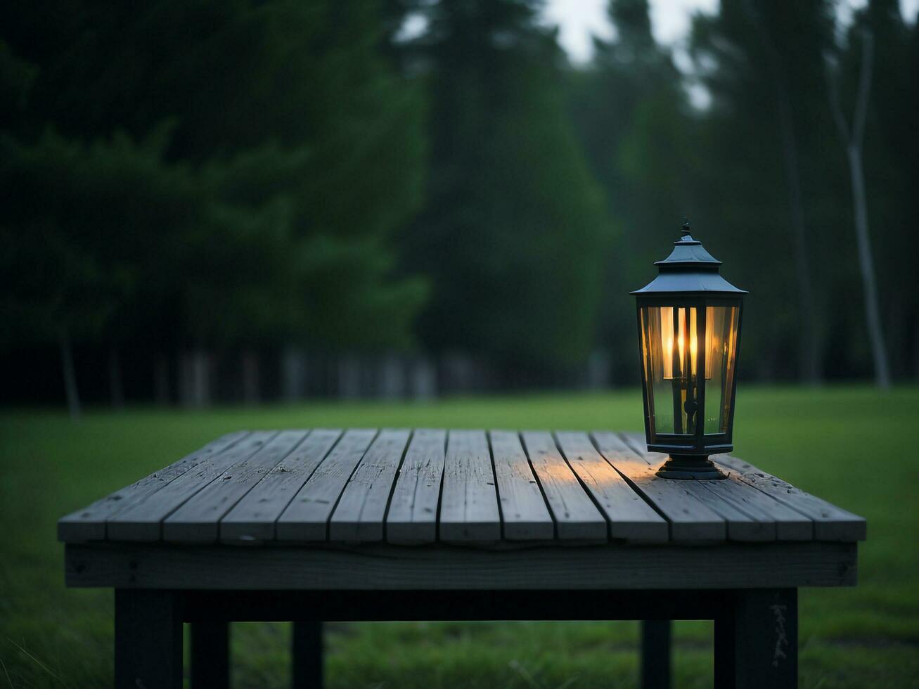 Wooden table and blur tropical green grass background, product display montage. High quality photo 8k FHD AI generated