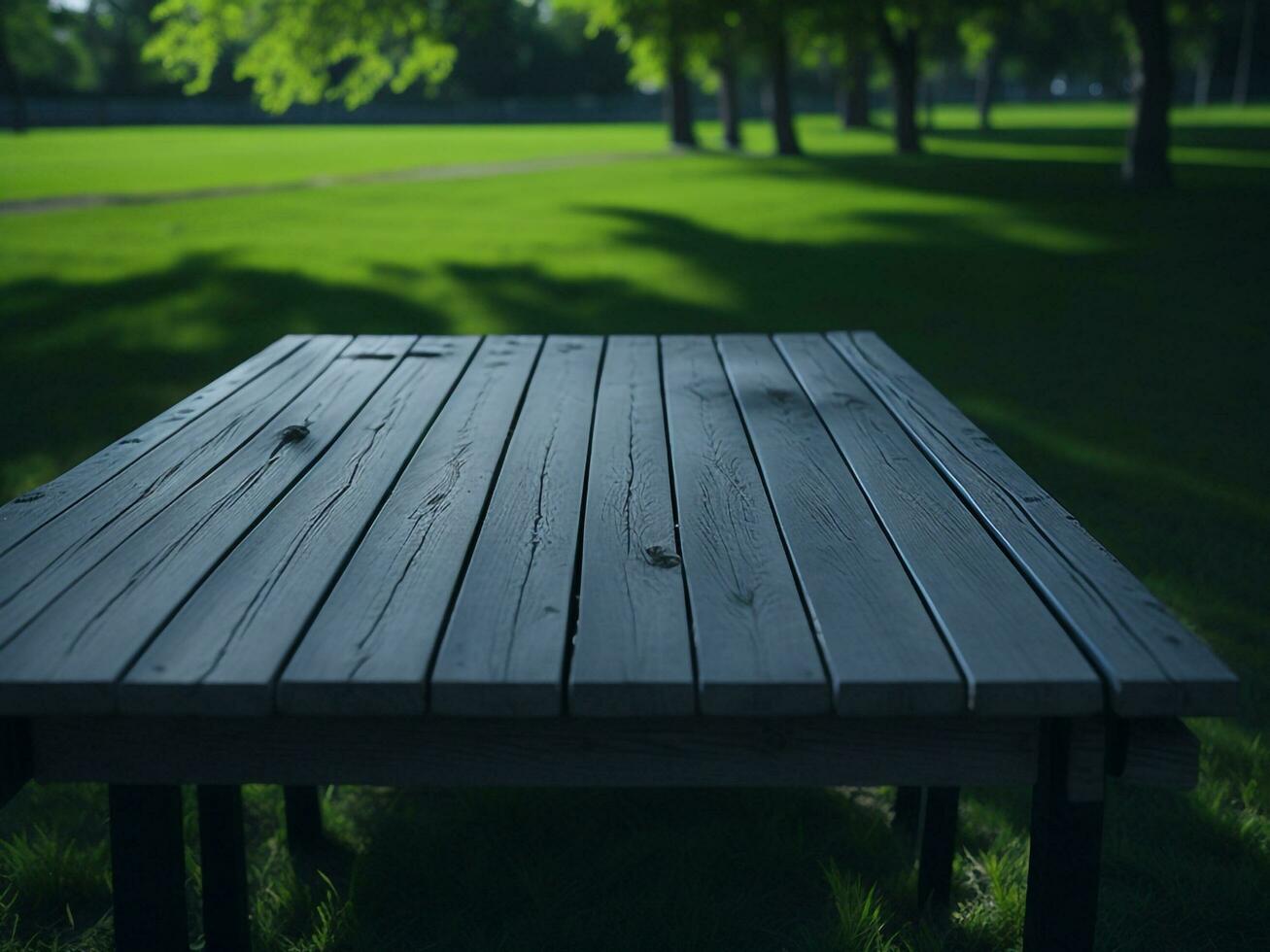 Wooden table and blur tropical green grass background, product display montage. High quality photo 8k FHD AI generated