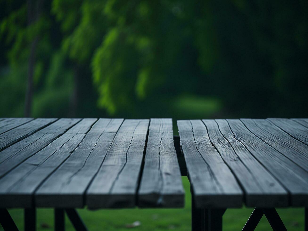 Wooden table and blur tropical green grass background, product display montage. High quality photo 8k FHD AI generated