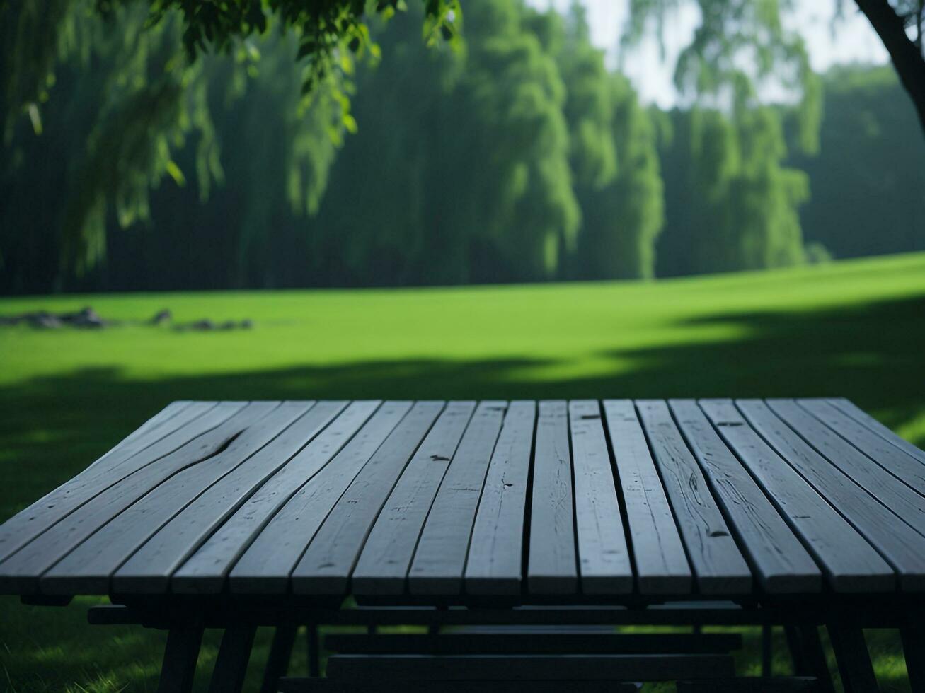 Wooden table and blur tropical green grass background, product display montage. High quality photo 8k FHD AI generated