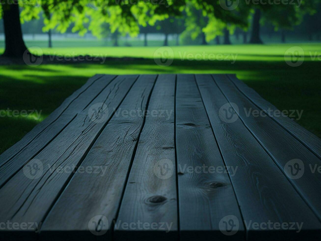 Wooden table and blur tropical green grass background, product display montage. High quality photo 8k FHD AI generated