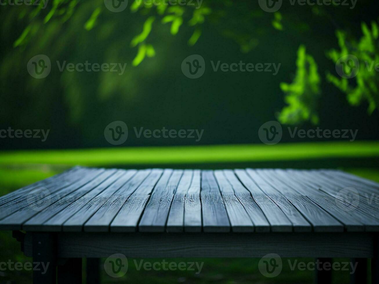 Wooden table and blur tropical green grass background, product display montage. High quality photo 8k FHD AI generated