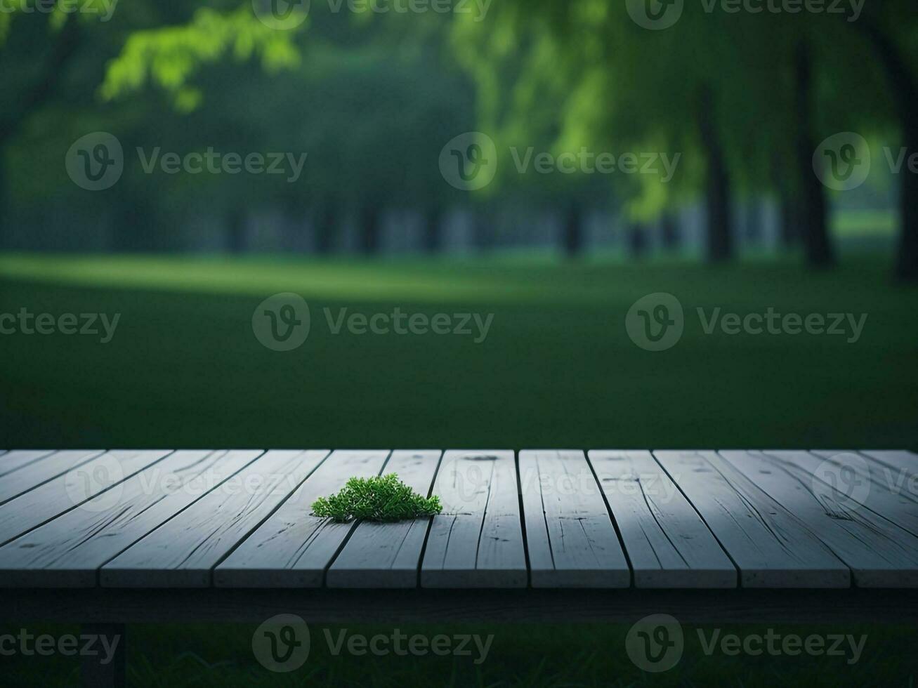 Wooden table and blur tropical green grass background, product display montage. High quality photo 8k FHD AI generated