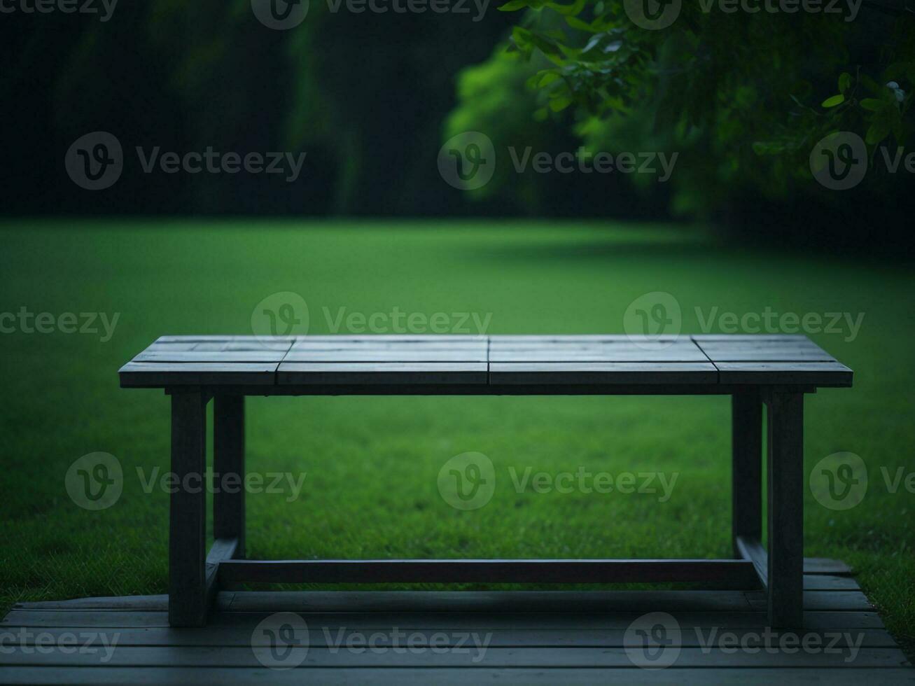 Wooden table and blur tropical green grass background, product display montage. High quality photo 8k FHD AI generated