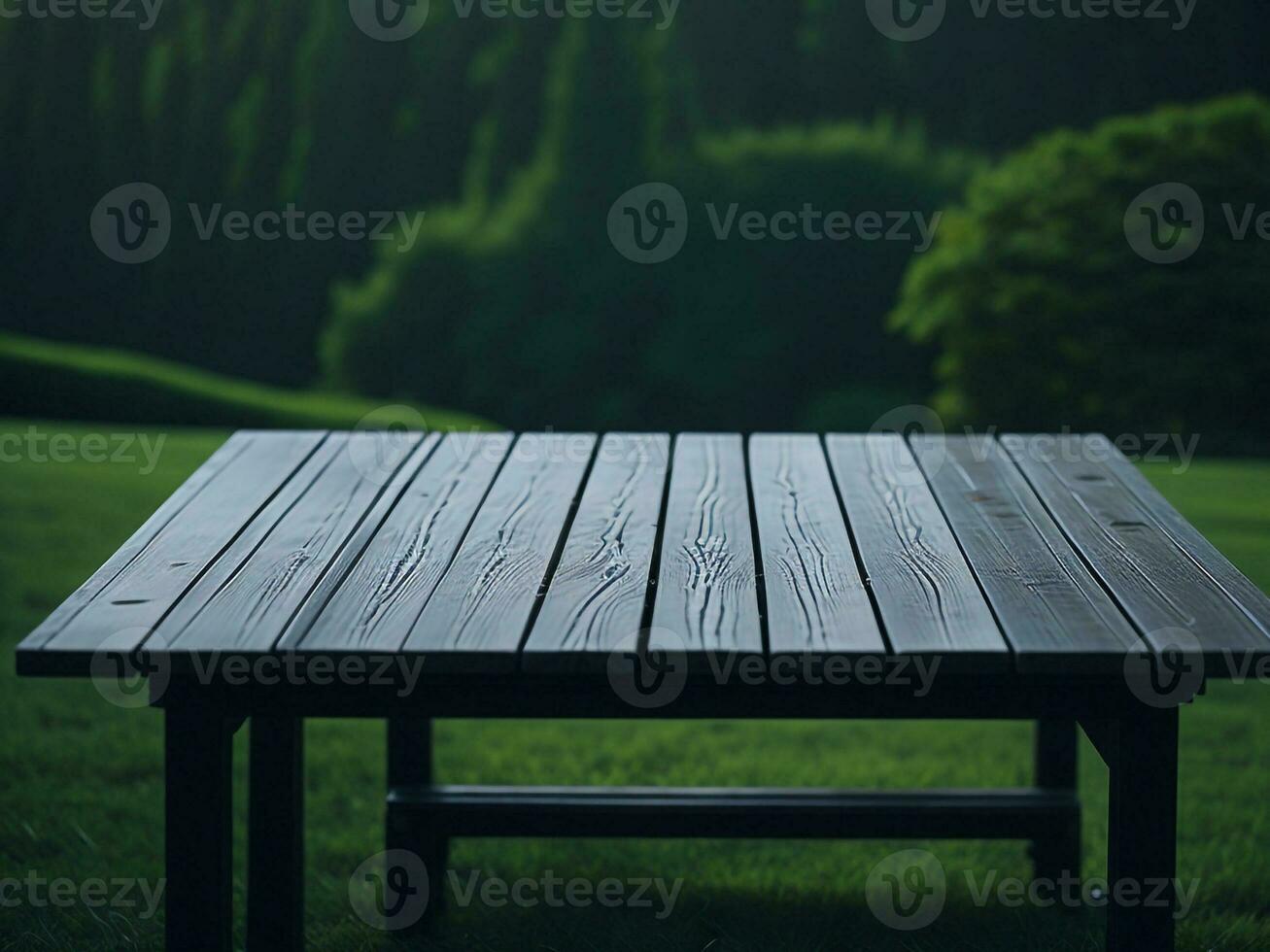 Wooden table and blur tropical green grass background, product display montage. High quality photo 8k FHD AI generated