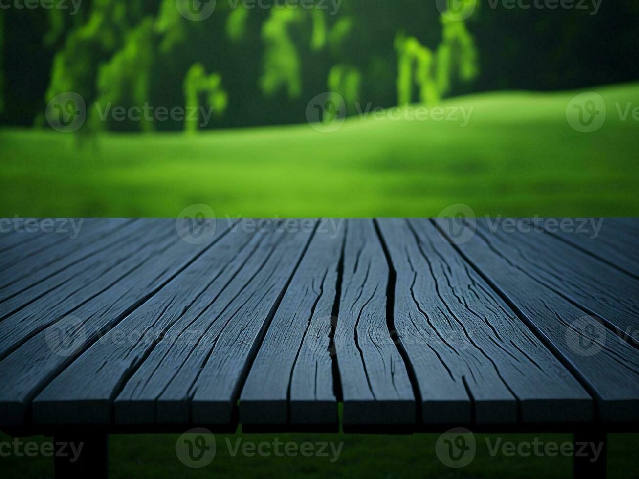 Wooden table and blur tropical green grass background, product display montage. High quality photo 8k FHD AI generated