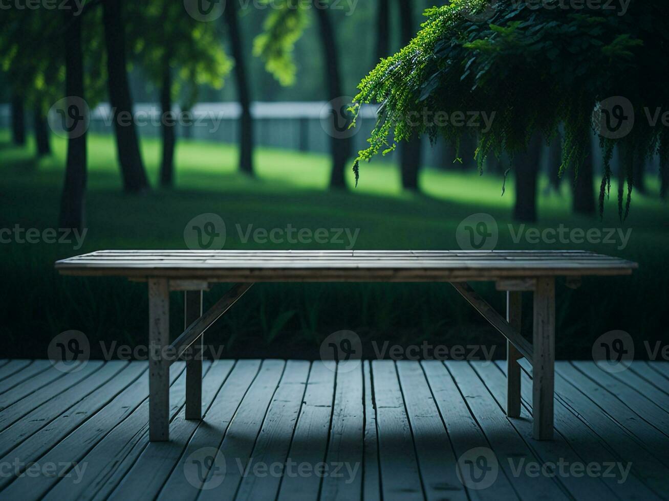 Wooden table and blur tropical green grass background, product display montage. High quality photo 8k FHD AI generated