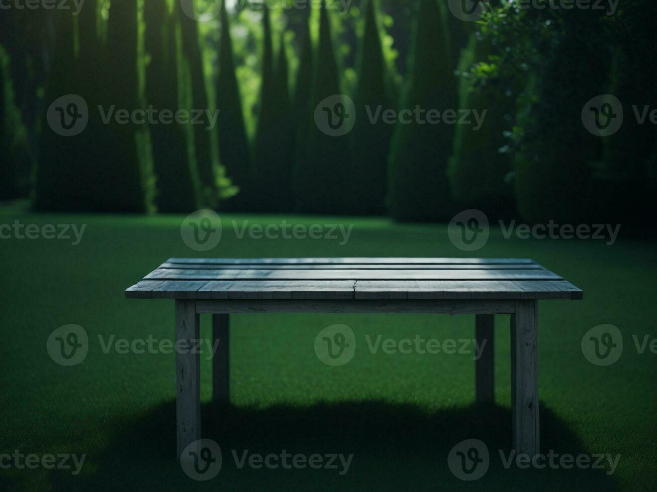 Wooden table and blur tropical green grass background, product display montage. High quality photo 8k FHD AI generated