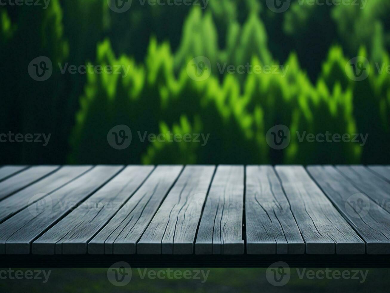 Wooden table and blur tropical green grass background, product display montage. High quality photo 8k FHD AI generated