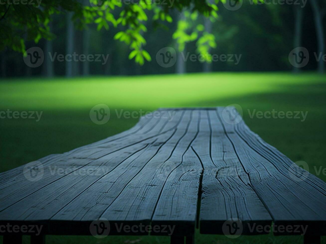 Wooden table and blur tropical green grass background, product display montage. High quality photo 8k FHD AI generated
