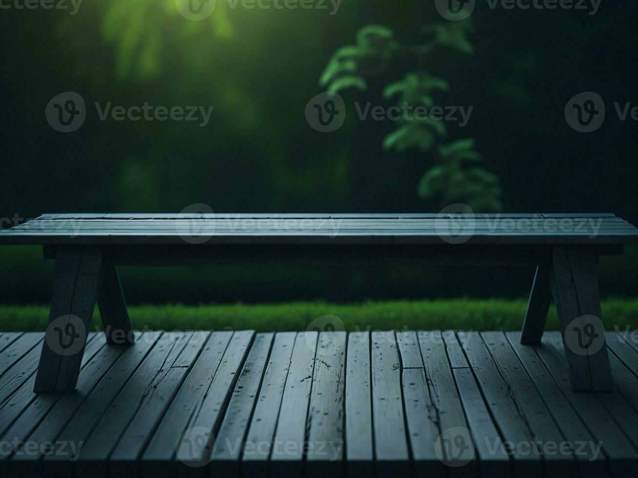 Wooden table and blur tropical green grass background, product display montage. High quality photo 8k FHD AI generated