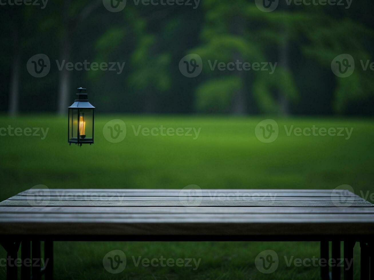 Wooden table and blur tropical green grass background, product display montage. High quality photo 8k FHD AI generated