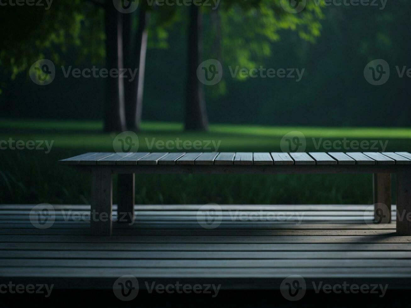 Wooden table and blur tropical green grass background, product display montage. High quality photo 8k FHD AI generated