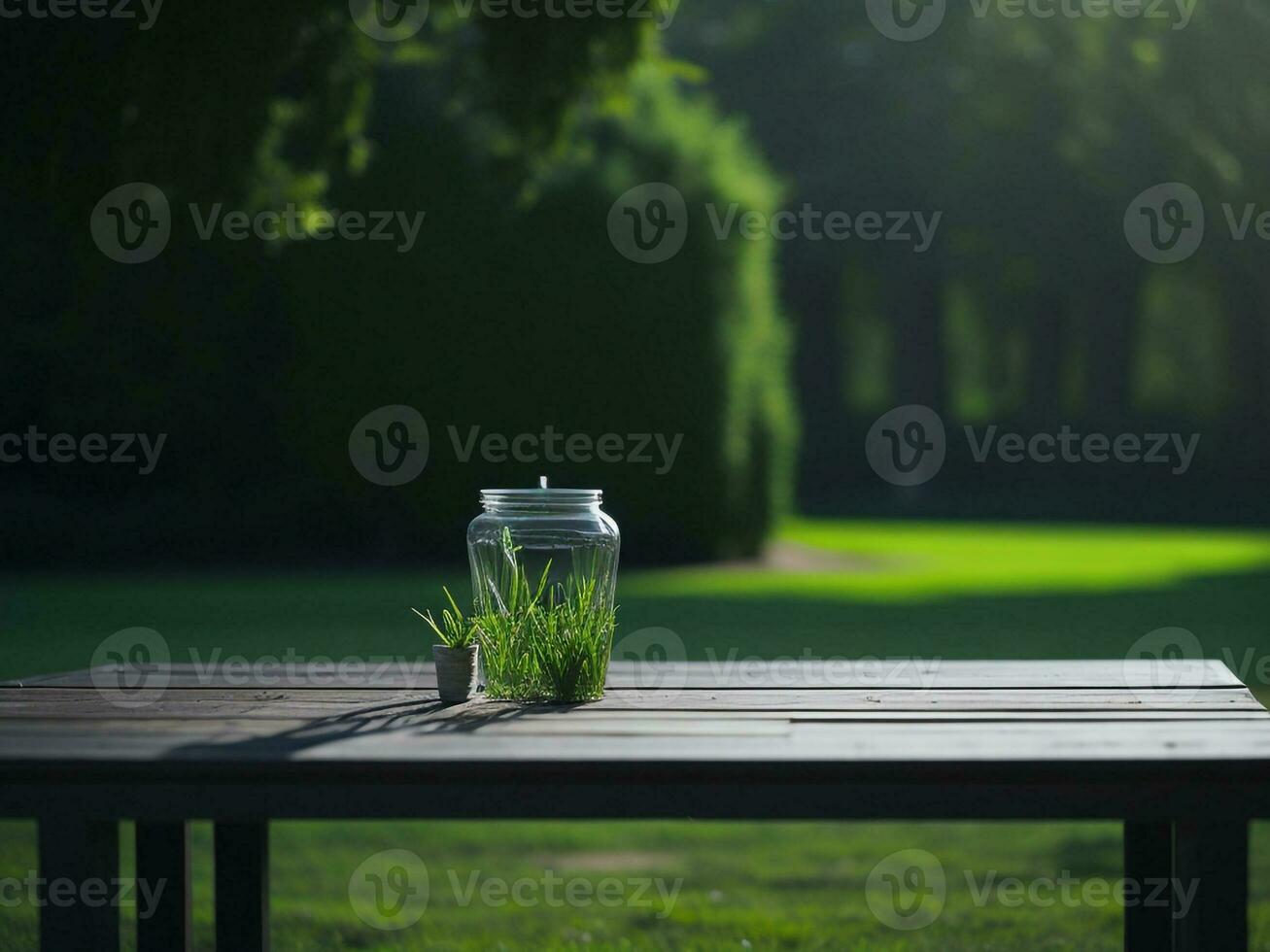 Wooden table and blur tropical green grass background, product display montage. High quality photo 8k FHD AI generated