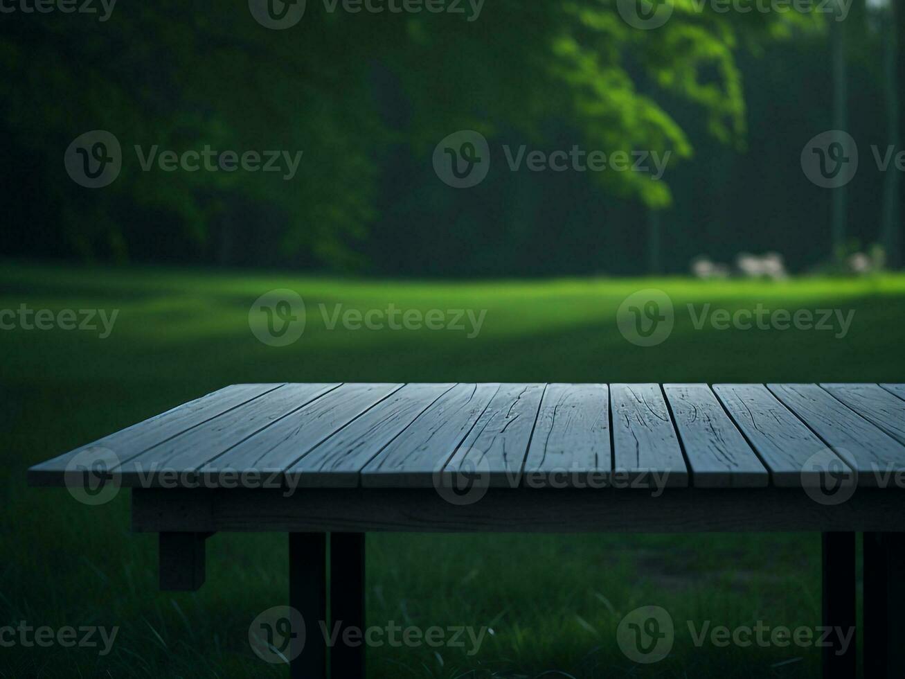 Wooden table and blur tropical green grass background, product display montage. High quality photo 8k FHD AI generated