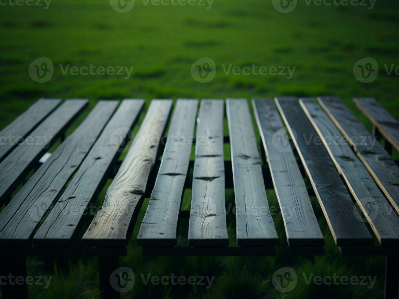 Wooden table and blur tropical green grass background, product display montage. High quality photo 8k FHD AI generated