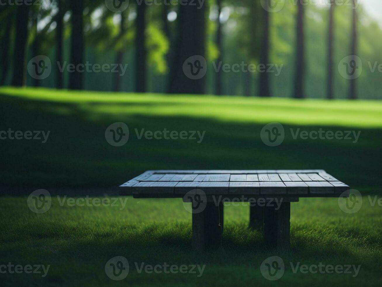 Wooden table and blur tropical green grass background, product display montage. High quality photo 8k FHD AI generated
