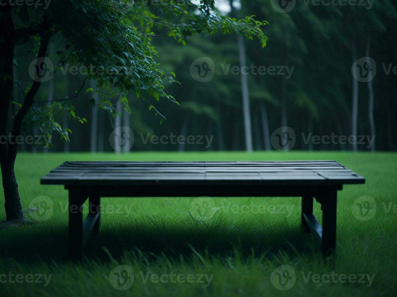 Wooden table and blur tropical green grass background, product display montage. High quality photo 8k FHD AI generated