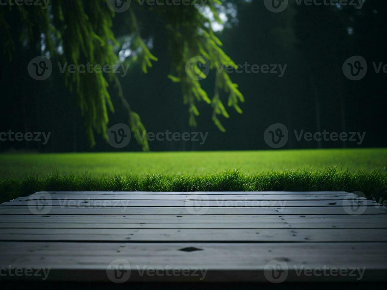 Wooden table and blur tropical green grass background, product display montage. High quality photo 8k FHD AI generated