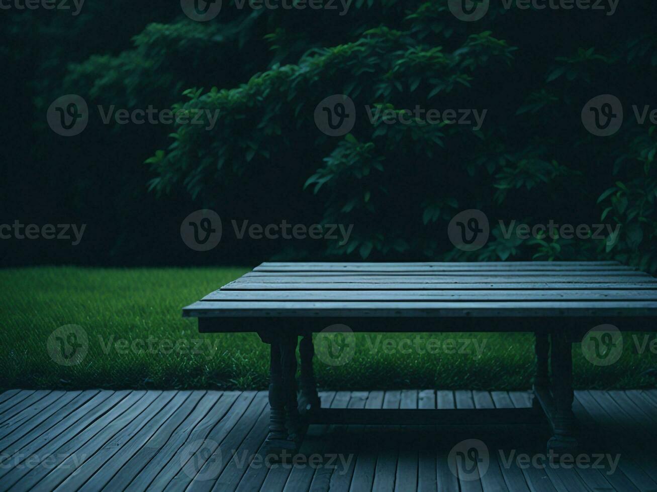 Wooden table and blur tropical green grass background, product display montage. High quality photo 8k FHD AI generated