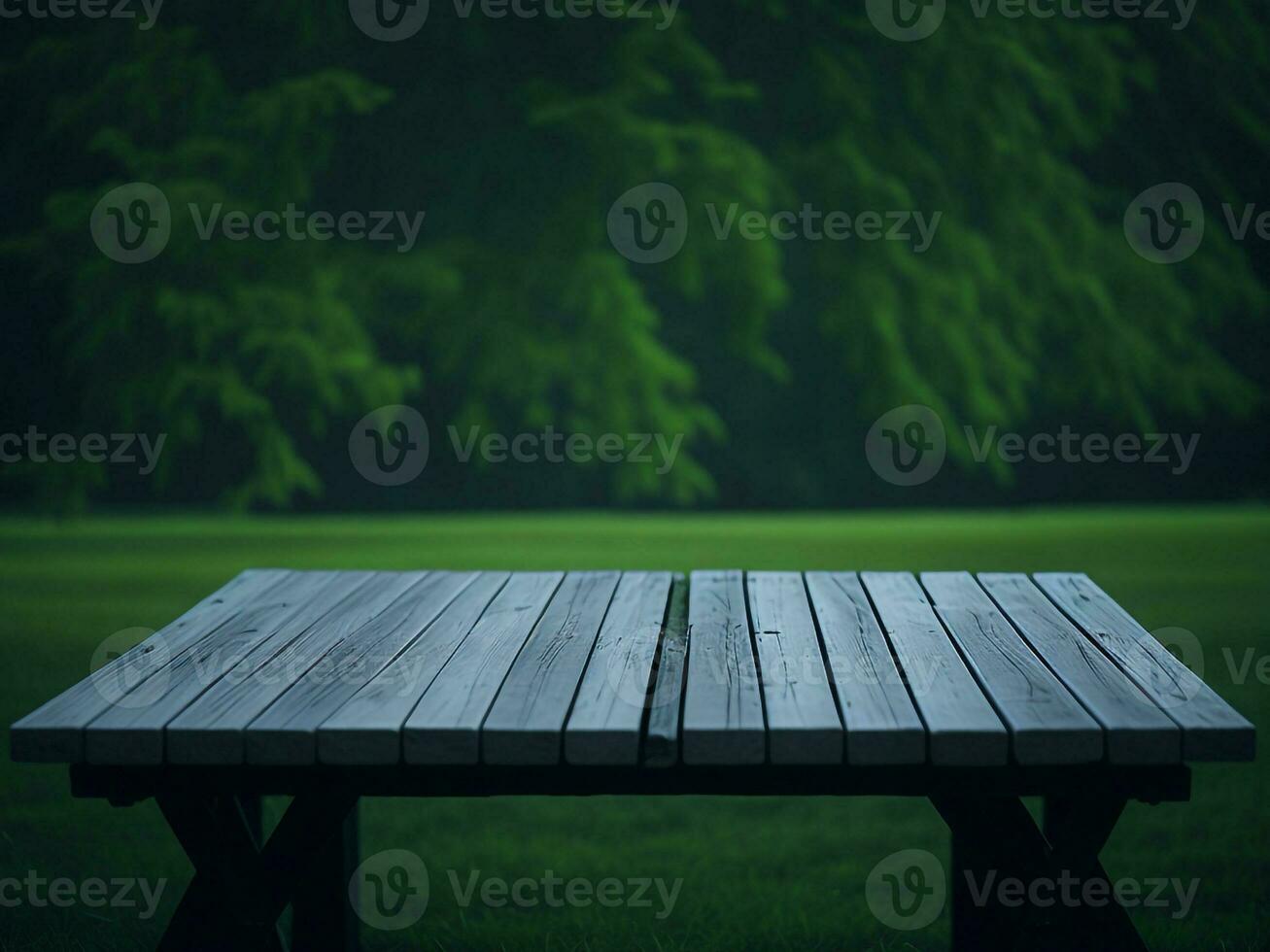 Wooden table and blur tropical green grass background, product display montage. High quality photo 8k FHD AI generated
