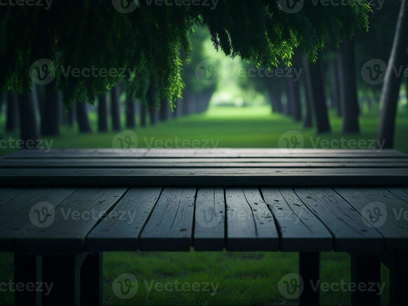 Wooden table and blur tropical green grass background, product display montage. High quality photo 8k FHD AI generated