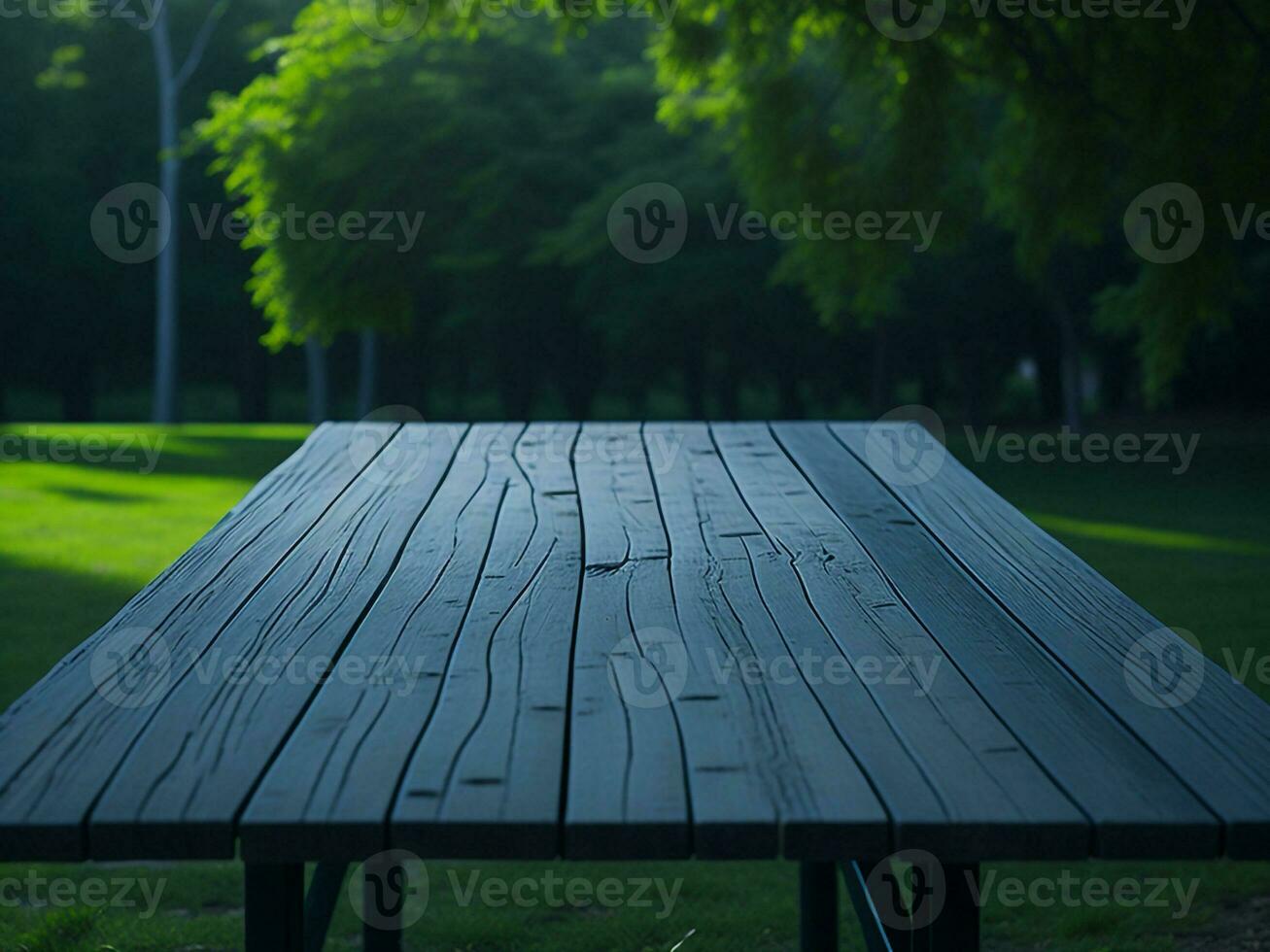 Wooden table and blur tropical green grass background, product display montage. High quality photo 8k FHD AI generated