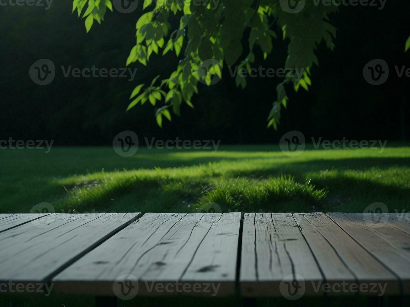 Wooden table and blur tropical green grass background, product display montage. High quality photo 8k FHD AI generated