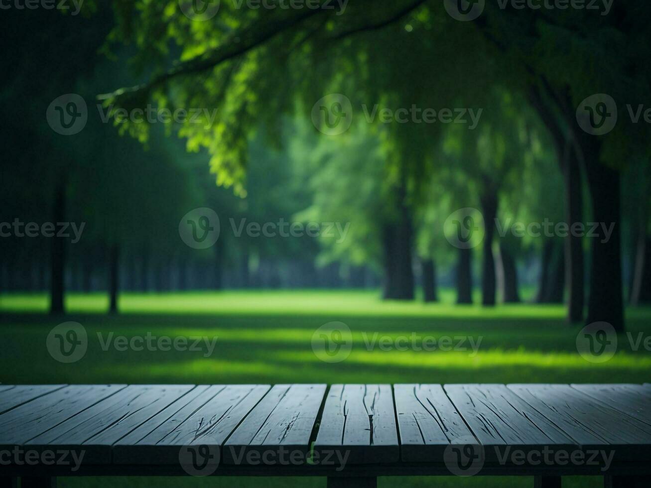 Wooden table and blur tropical green grass background, product display montage. High quality photo 8k FHD AI generated