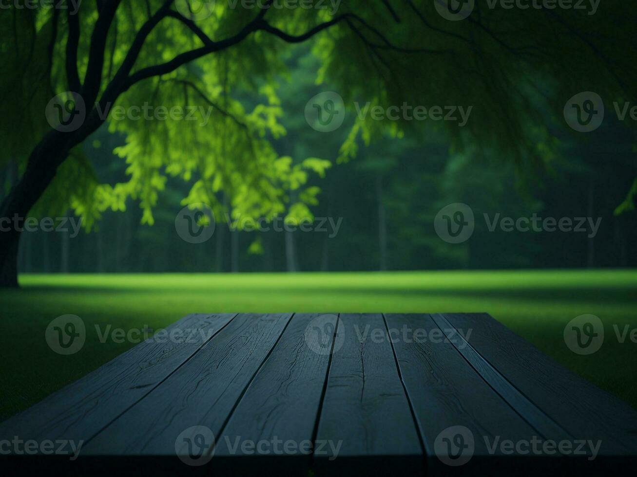 Wooden table and blur tropical green grass background, product display montage. High quality photo 8k FHD AI generated