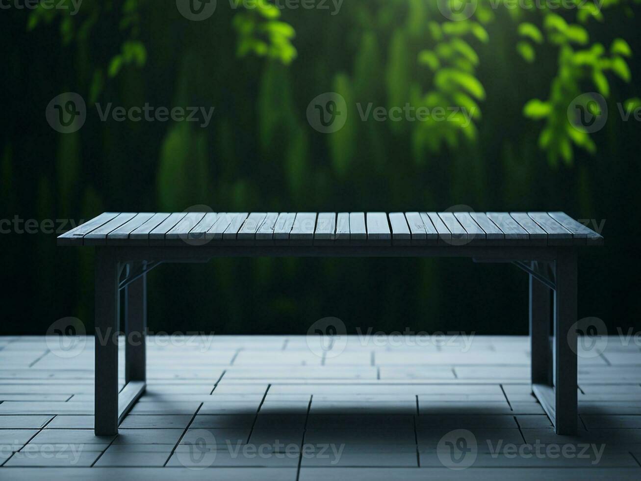 de madera mesa y difuminar tropical verde césped fondo, producto monitor montaje. alto calidad foto 8k fhd ai generado